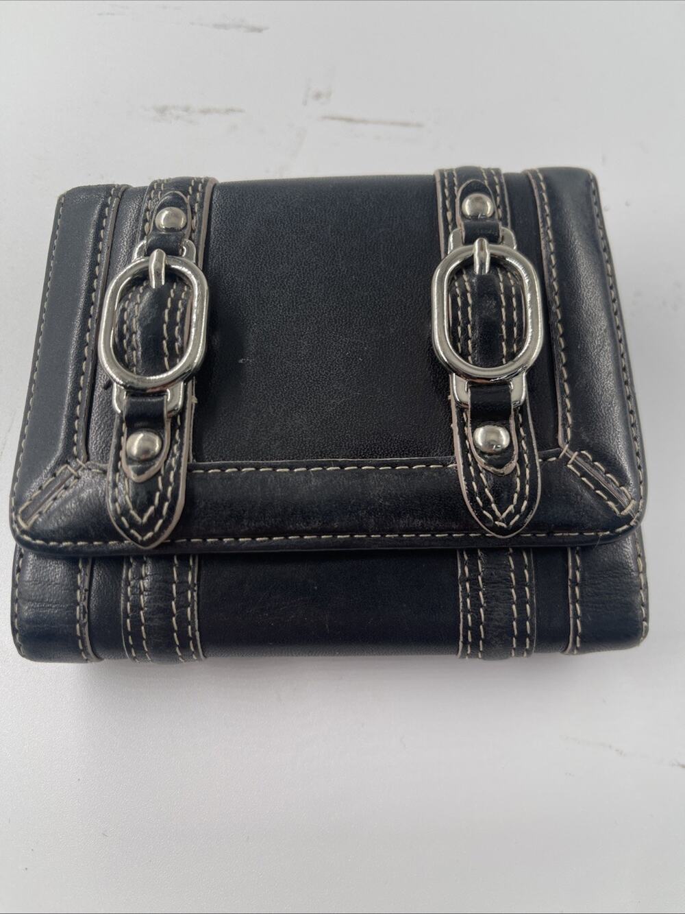 Cole Haan Black Leather Trifold Wallet – Silver Buckle Strap Detail